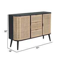 Dana 47 Inch Wood Sideboard Cabinet, 3 Drawers, Rattan Doors, Modern, Black - BM285106