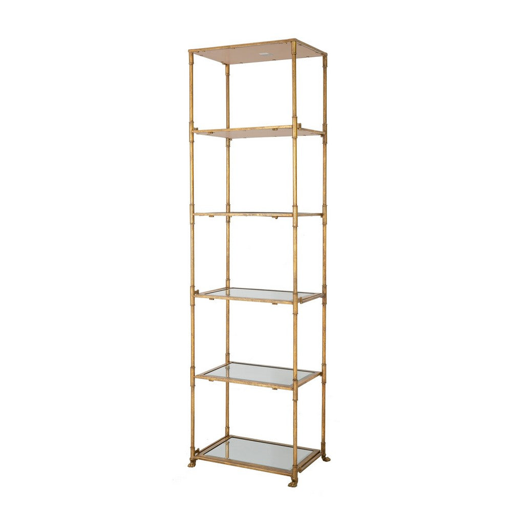 71 Inch Shelf, 6 Tier Design, 5 Glass Shelves, Iron Frame, Gold Finish - BM285111