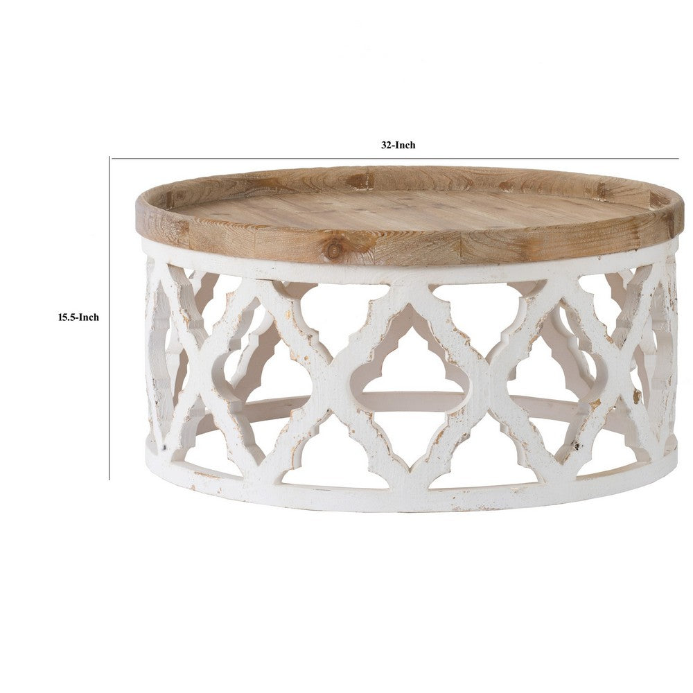 Ode 32 Inch Coffee Table, Round, Quatrefoil Lattice Design, Brown, White - BM285117