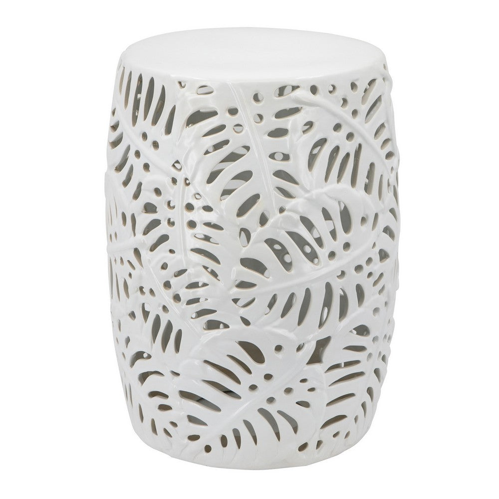 19 Inch Stool Table, Round Drum, Ceramic, Palm Leaf Design, Glossy White - BM285126