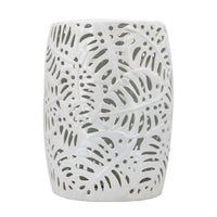19 Inch Stool Table, Round Drum, Ceramic, Palm Leaf Design, Glossy White - BM285126