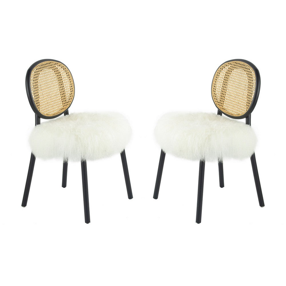 Ada 24 Inch Dining Chair, Cane Rattan Back, Fur Seat, Set of 2, Black - BM285138