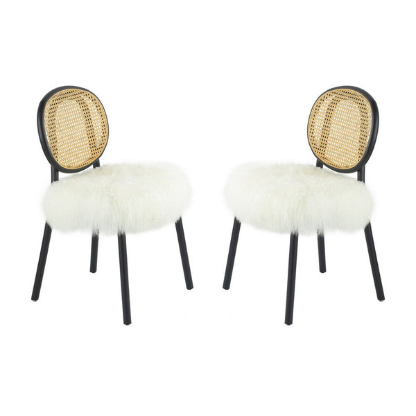 Ada 24 Inch Dining Chair, Cane Rattan Back, Fur Seat, Set of 2, Black - BM285138