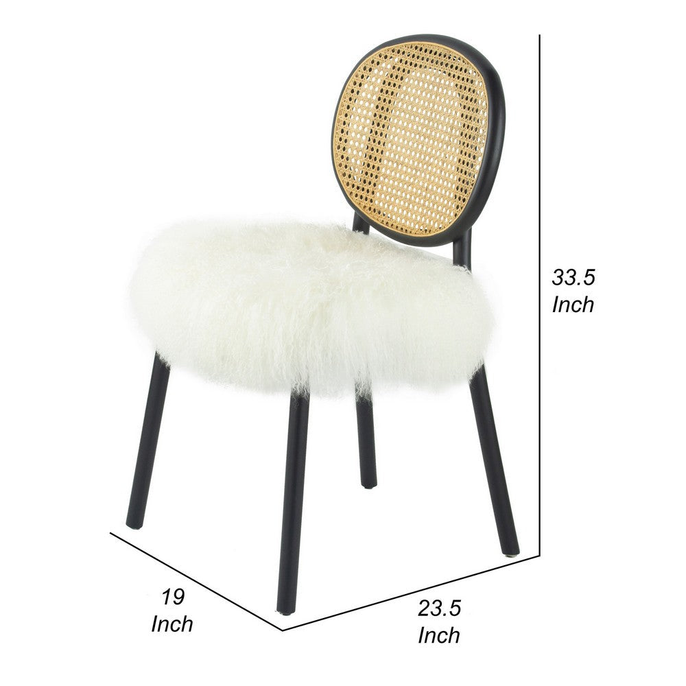 Ada 24 Inch Dining Chair, Cane Rattan Back, Fur Seat, Set of 2, Black - BM285138