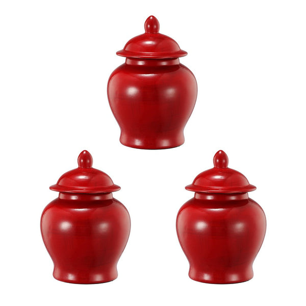 6 Inch Small Ginger Jar, Lidded, Porcelain, Bell Shape Set of 3, Red - BM285146