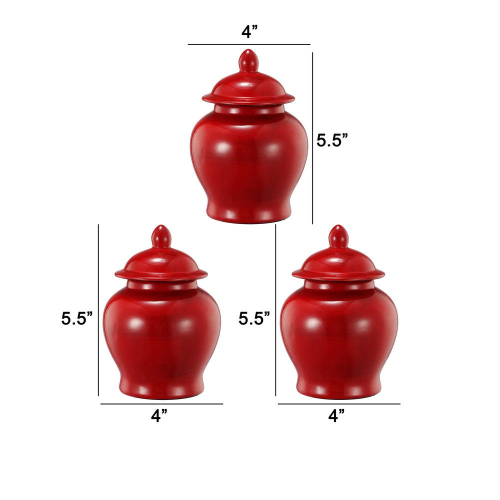 6 Inch Small Ginger Jar, Lidded, Porcelain, Bell Shape Set of 3, Red - BM285146