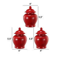 6 Inch Small Ginger Jar, Lidded, Porcelain, Bell Shape Set of 3, Red - BM285146