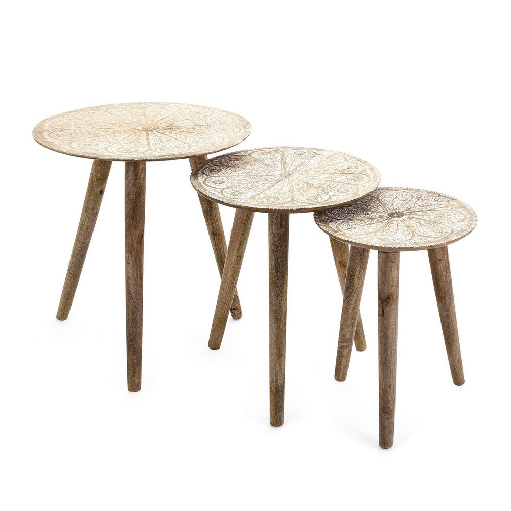 25, 22, 19 Inch 3 Piece Nesting Tables, Mango Wood, Splayed Legs, Natural - BM285152