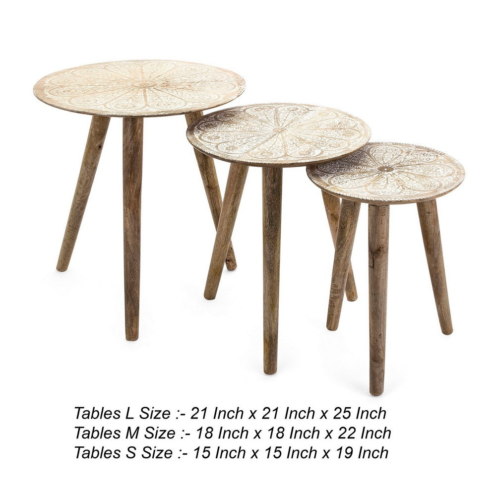 25, 22, 19 Inch 3 Piece Nesting Tables, Mango Wood, Splayed Legs, Natural - BM285152