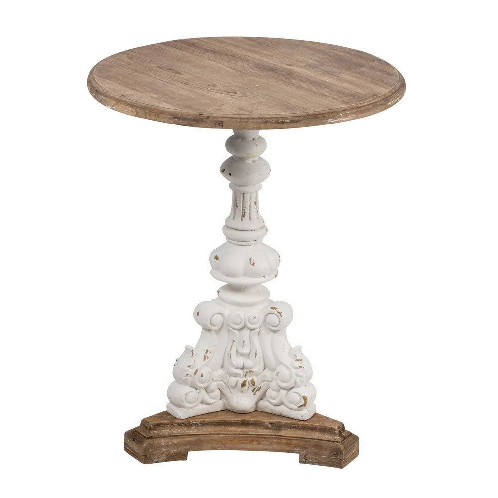 27 Inch Side End Table, Mango Wood, Round, Turned Pedestal, White, Brown - BM285153