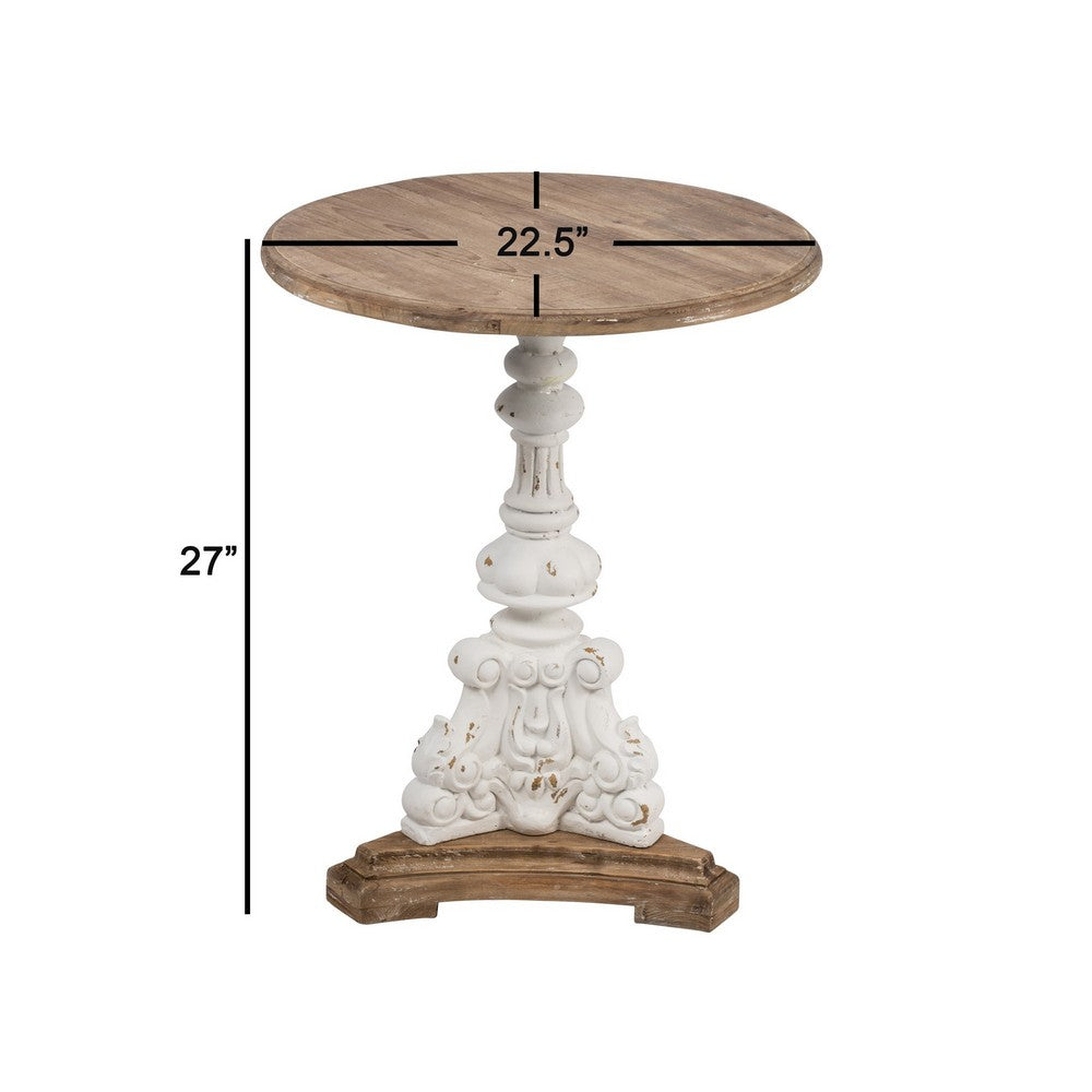 27 Inch Side End Table, Mango Wood, Round, Turned Pedestal, White, Brown - BM285153