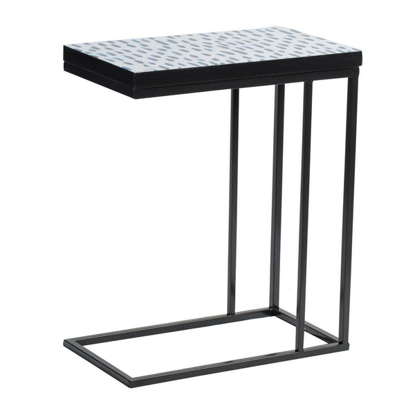 24 Inch End Side Table, Blue Patterned Top, C Shape Open Frame, Black - BM285166