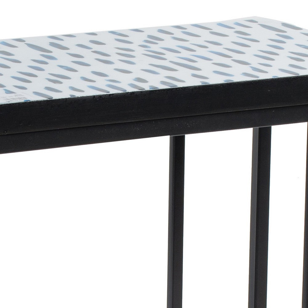 24 Inch End Side Table, Blue Patterned Top, C Shape Open Frame, Black - BM285166