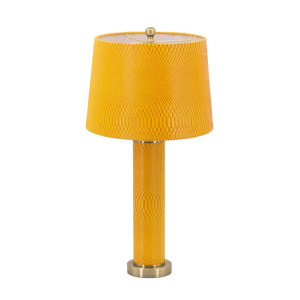 27 Inch Modern Table Lamp, Vegan Faux Leather, Iron, Bright Orange Yellow - BM285167