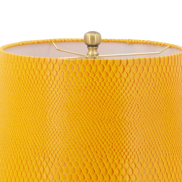 27 Inch Modern Table Lamp, Vegan Faux Leather, Iron, Bright Orange Yellow - BM285167