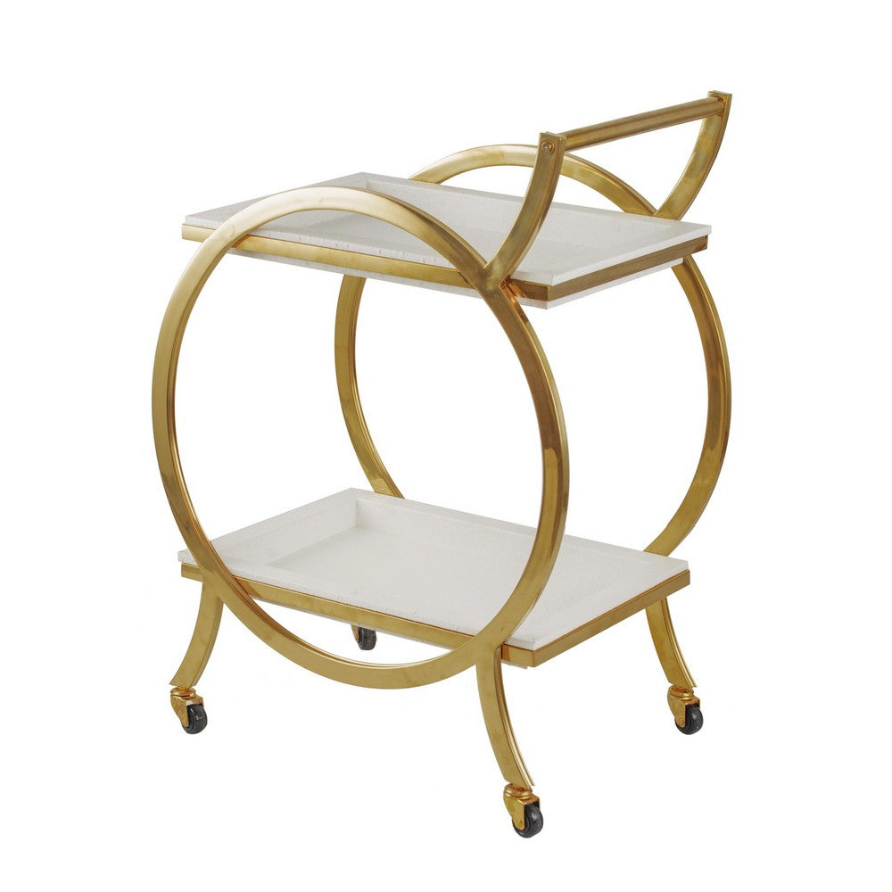 benzara Sia 34 Inch Rolling Bar Cart Round Steel Frame Removable Trays White Gold - BM285170