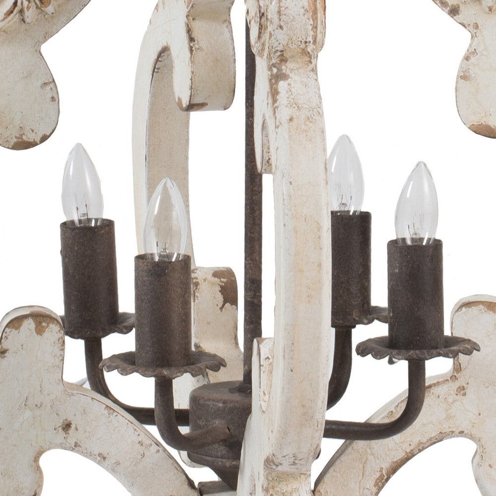 20 Inch 4 Light Wood Chandelier, Classic Candelabra Style, Vintage, White - BM285176