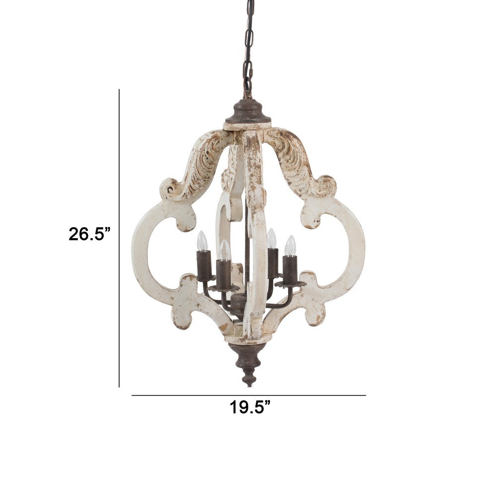 20 Inch 4 Light Wood Chandelier, Classic Candelabra Style, Vintage, White - BM285176