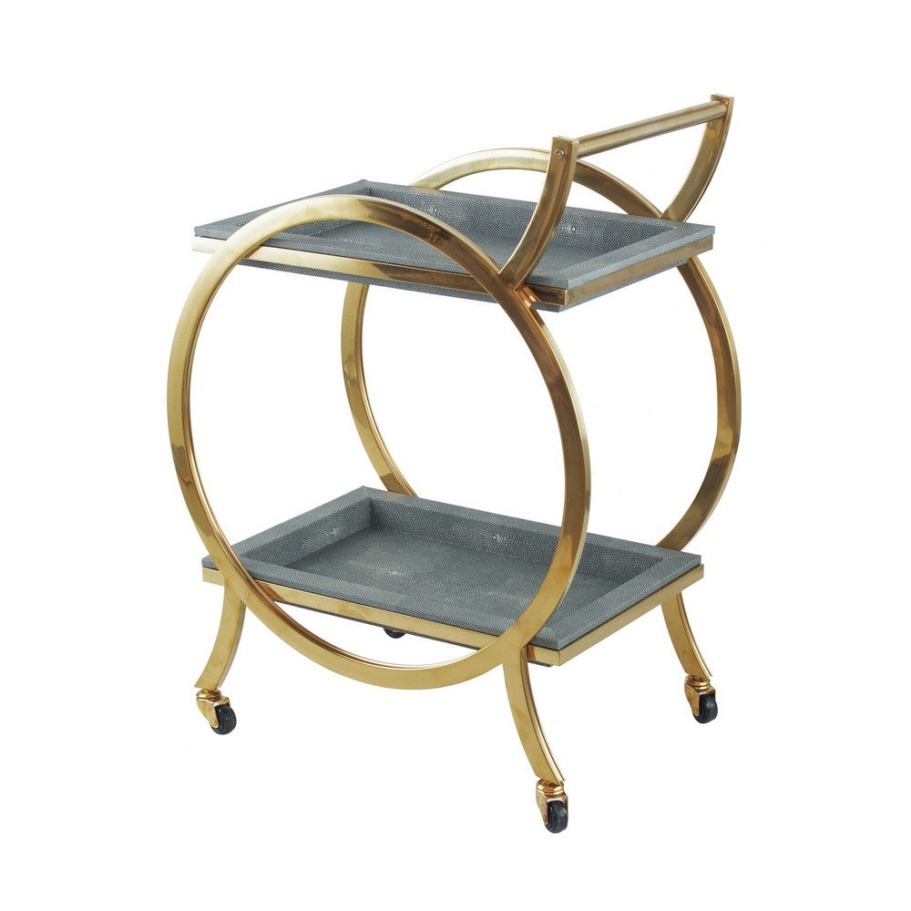 Sia 34 Inch Rolling Bar Cart, Round Steel Frame, Removable Trays Gray, Gold - BM285193