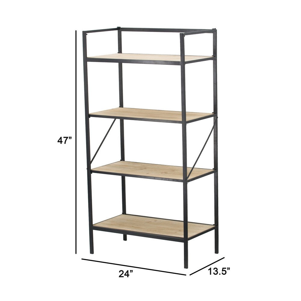 47 Inch Standing Bookshelf, Modern, 4 Tier, Fir Wood, Iron, Black, Brown - BM285196