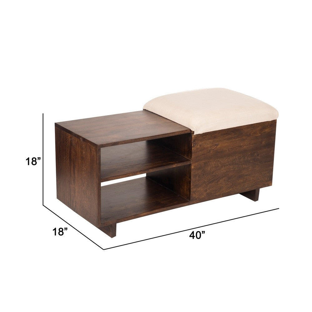 40 Inch Accent Storage Bench, Sliding Cushion Top, Modern, Brown Wood - BM285207