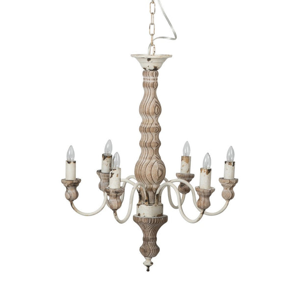 Kol 22 Inch Traditional 6 Light Chandelier, Fir Wood, Iron, Antique White - BM285214