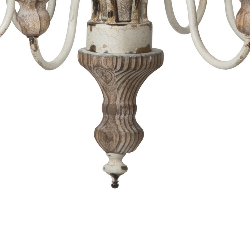 Kol 22 Inch Traditional 6 Light Chandelier, Fir Wood, Iron, Antique White - BM285214