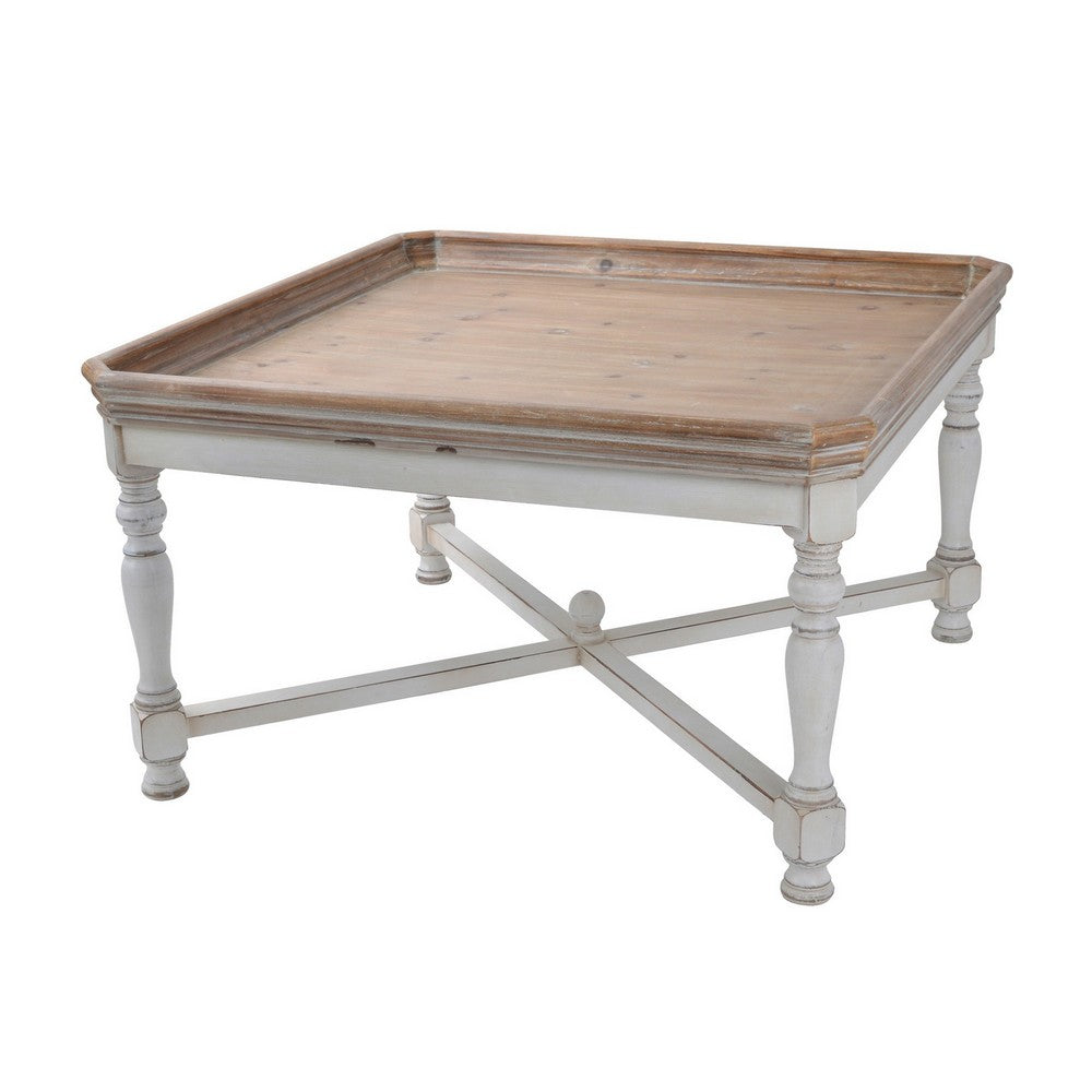 Fin 33 Inch Coffee Table, Tray Top, Rustic Fir Wood, Antique White, Brown - BM285220