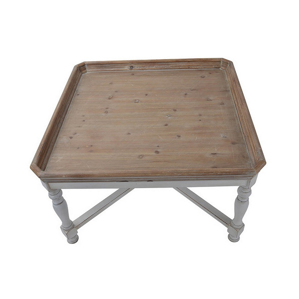 Fin 33 Inch Coffee Table, Tray Top, Rustic Fir Wood, Antique White, Brown - BM285220