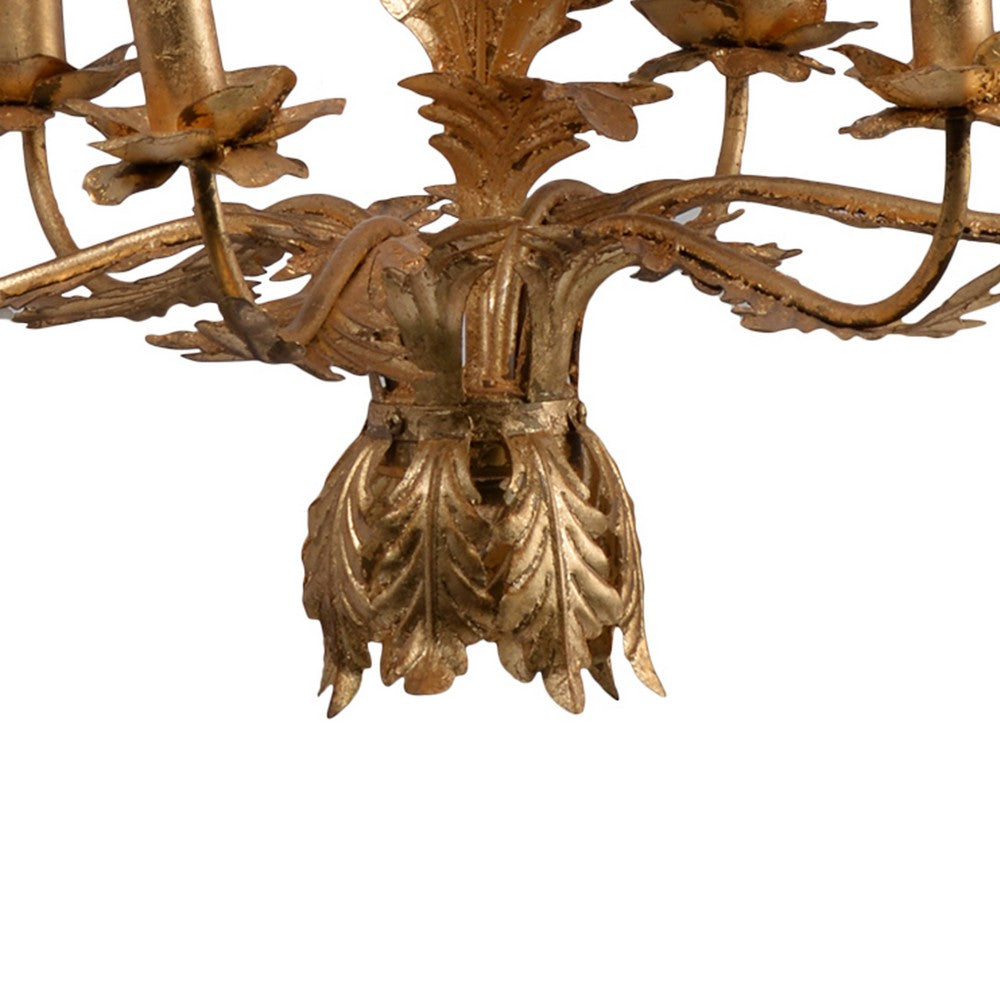 26 Inch 6 Light Chandelier, Iron, Cascading Leaves, Vintage, Classic, Gold - BM285222