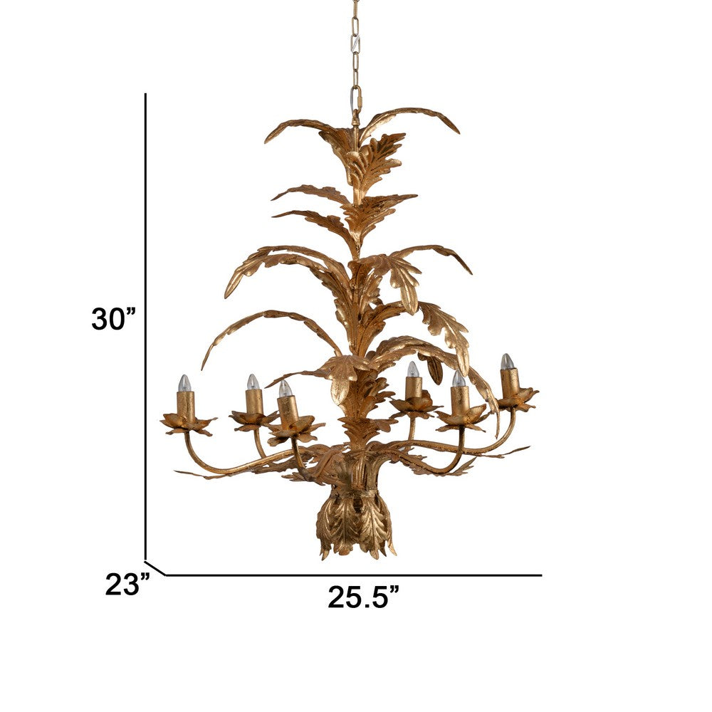 26 Inch 6 Light Chandelier, Iron, Cascading Leaves, Vintage, Classic, Gold - BM285222