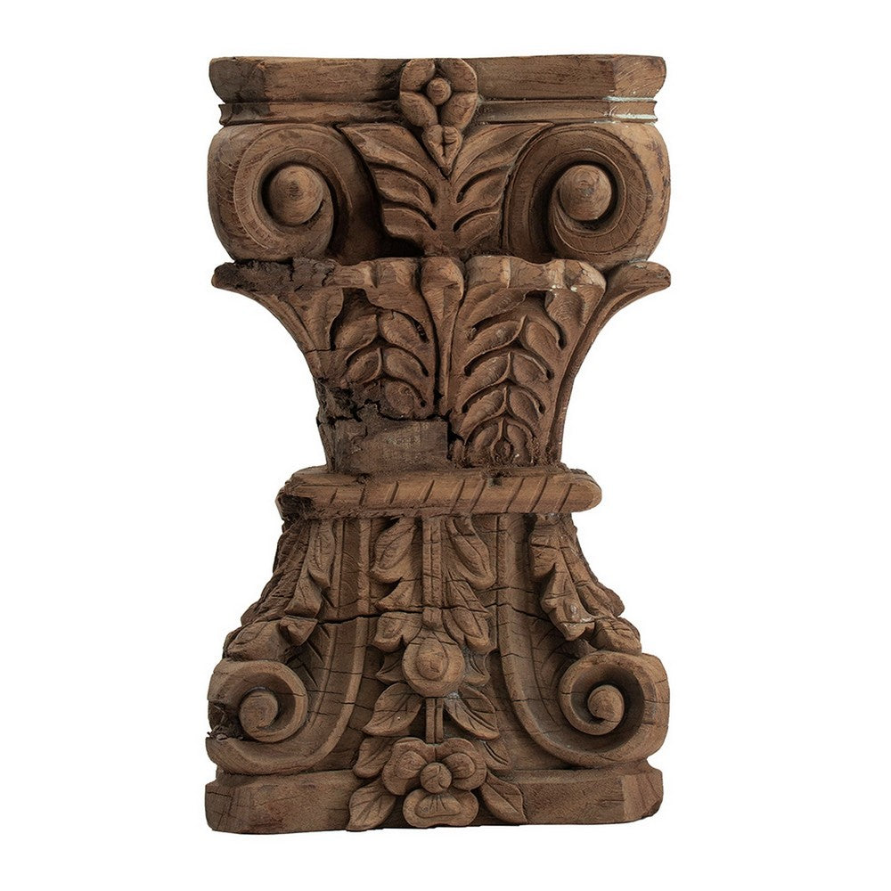 19 Inch Classic Stool Table, Carved Pillar Accent, Wood, Antique Brown - BM285223