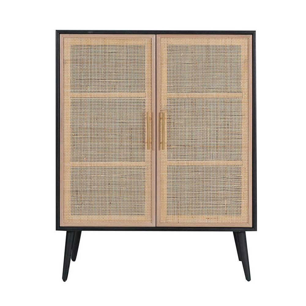 Dana 40 Inch Storage Cabinet, Wood Frame, 2 Shelves, 2 Rattan Doors, Black - BM285226