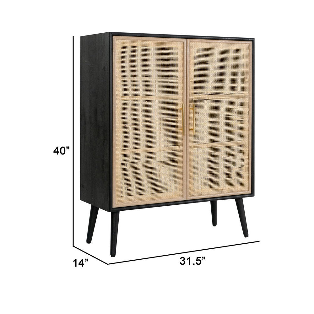 Dana 40 Inch Storage Cabinet, Wood Frame, 2 Shelves, 2 Rattan Doors, Black - BM285226