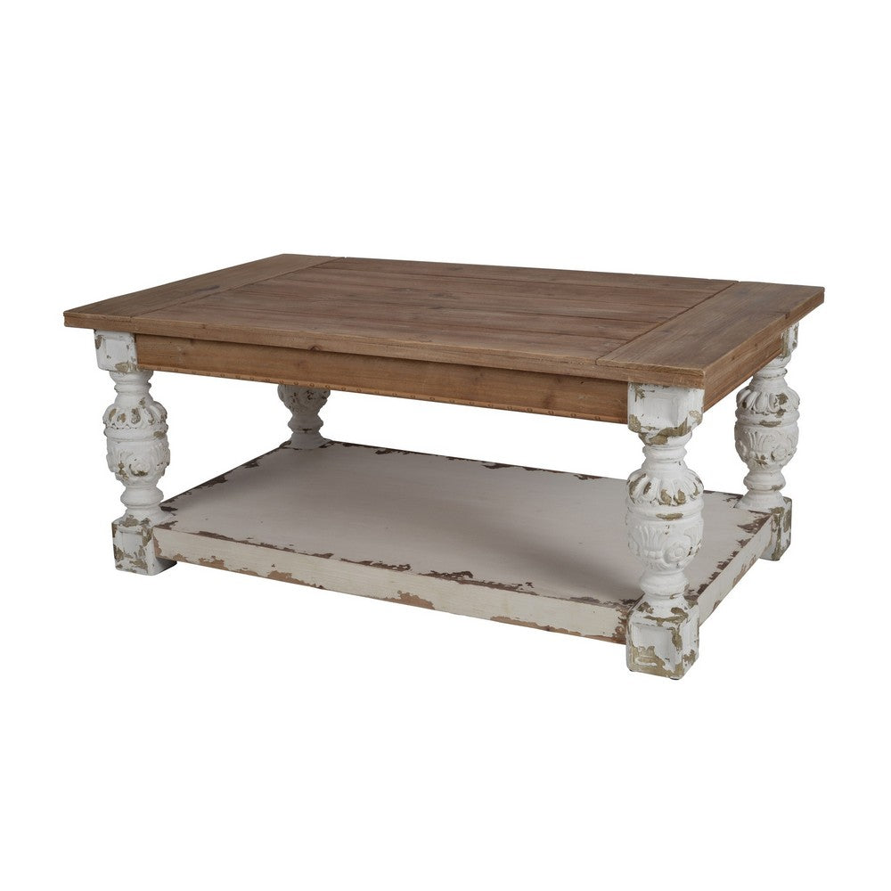 47 Inch Classic Coffee Table, Rectangular, Carved Leg, Bottom Shelf, Brown - BM285229