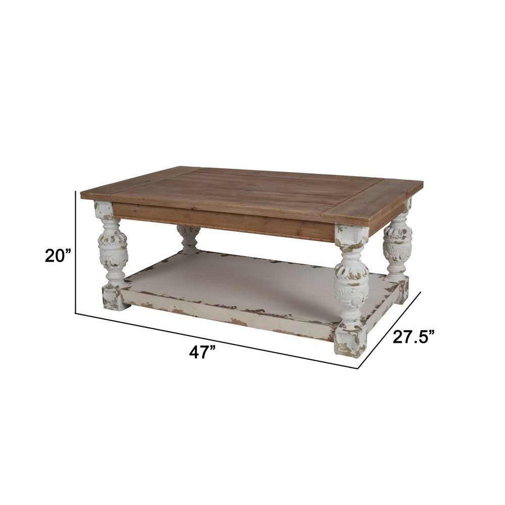 47 Inch Classic Coffee Table, Rectangular, Carved Leg, Bottom Shelf, Brown - BM285229