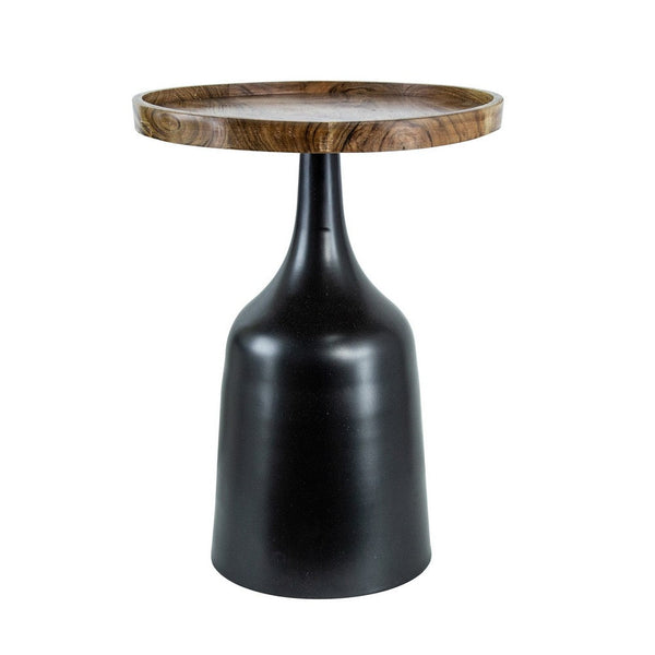 20, 17 Inch Side Table, Acacia Wood, Flared Pedestal Base, Aluminum, Black - BM285231