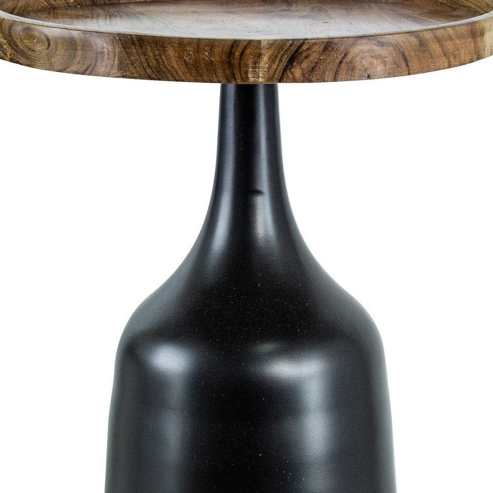 20, 17 Inch Side Table, Acacia Wood, Flared Pedestal Base, Aluminum, Black - BM285231