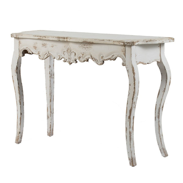 30 Inch Console Table, Fir Wood, Rectangle, Curved Legs, Distressed White - BM285232