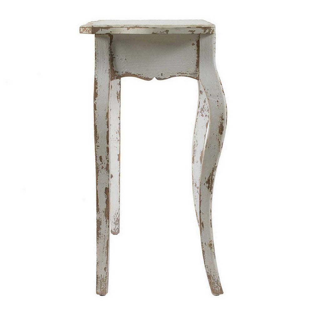 30 Inch Console Table, Fir Wood, Rectangle, Curved Legs, Distressed White - BM285232