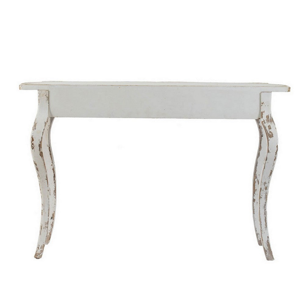 30 Inch Console Table, Fir Wood, Rectangle, Curved Legs, Distressed White - BM285232