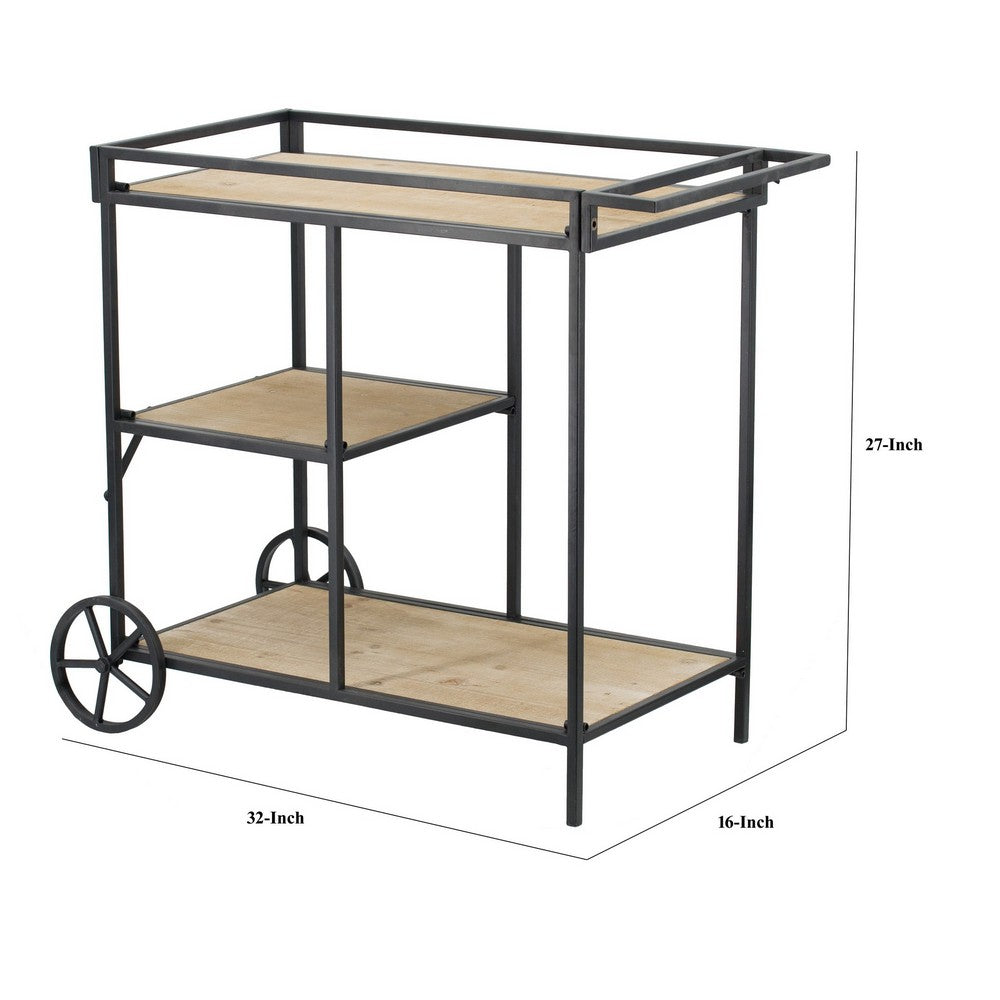 32 Inch Bar Cart, 3 Tiers, Fir Wood Shelves, Iron Frame, Black, Brown - BM285235