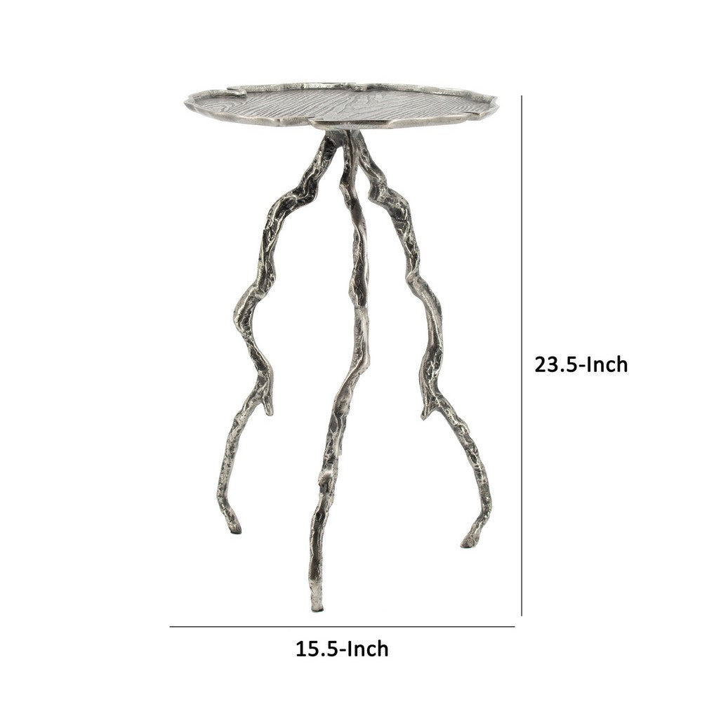 24 Inch Accent Table, Aluminum Metal Branch Tripod Legs, Antique Silver - BM285251