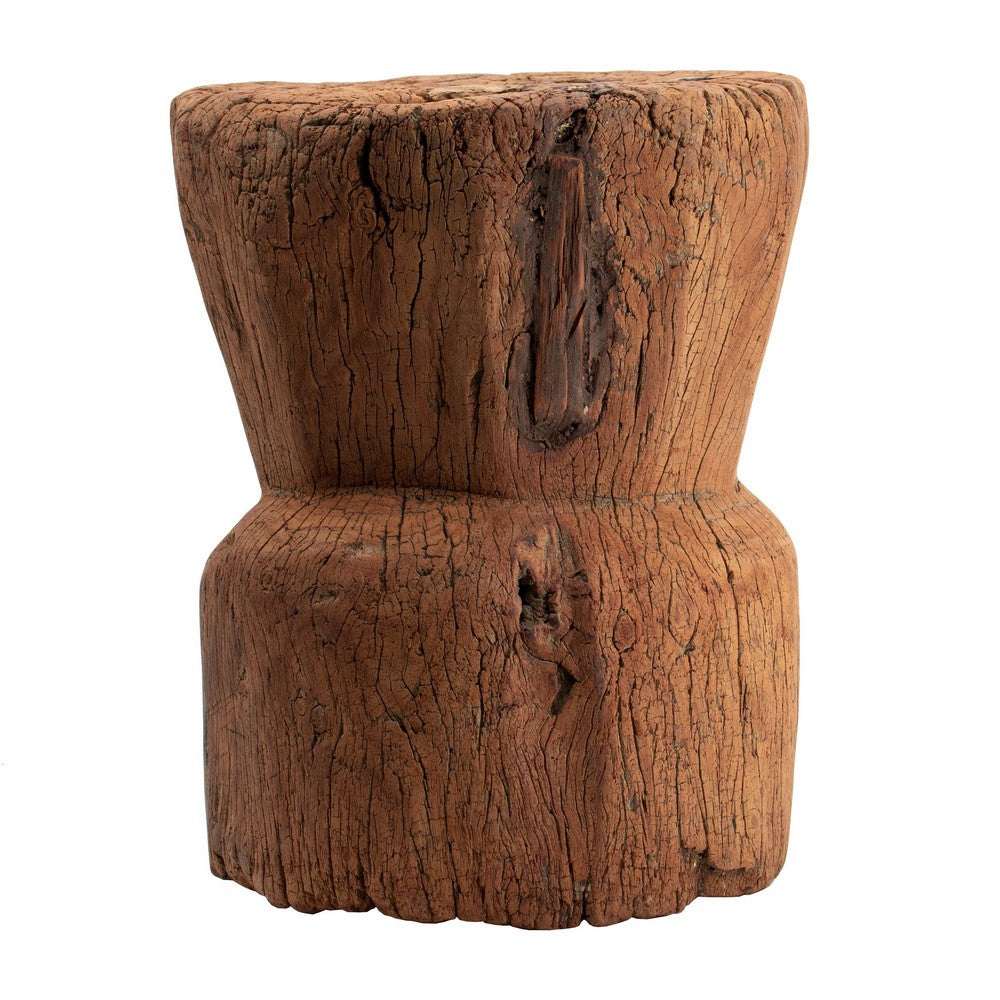 14 Inch Stool Table, Rustic Style, Tree Log Design, Distressed Wood Brown - BM285252