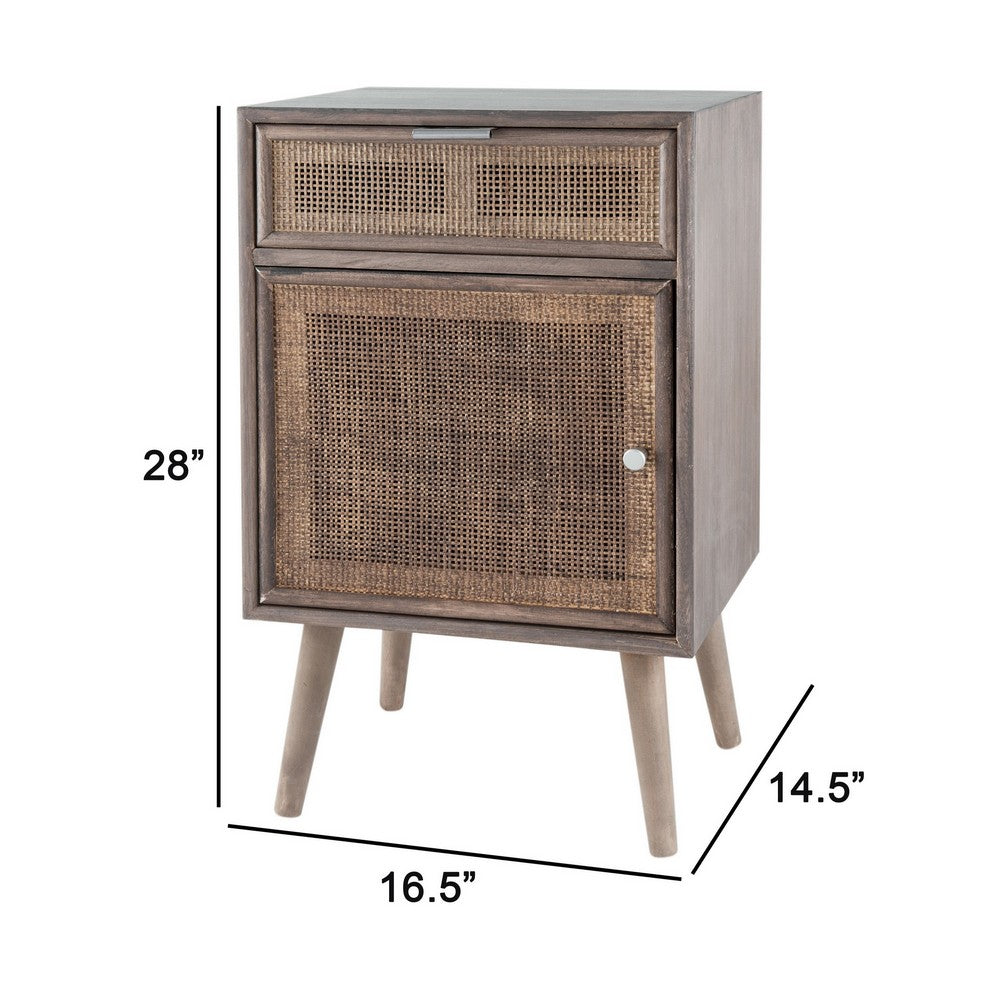 Pia 28 Inch Accent Cabinet, 1 Drawer, Pine Wood, Woven Rattan Door, Brown - BM285262