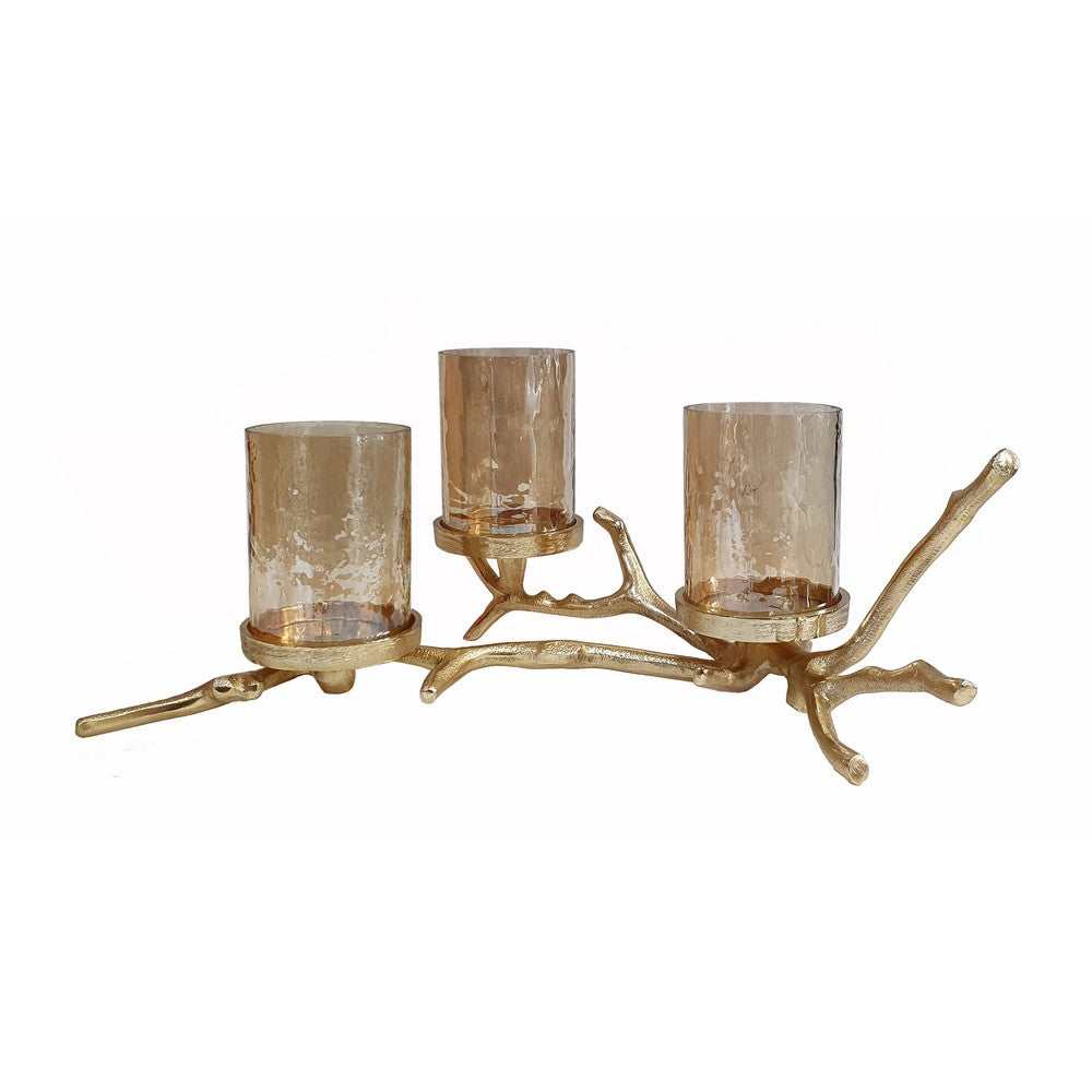 benzara 16 Inch 3 Pillar Candle Holder Aluminum Accented Frosted Glass Gold - BM285263