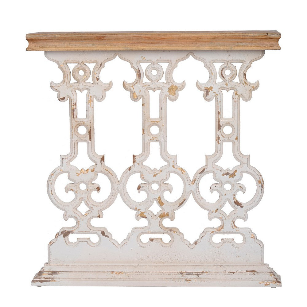 32 Inch Console Table, Fir Wood, Traditional, Scrollwork, Whitewash, Brown - BM285266