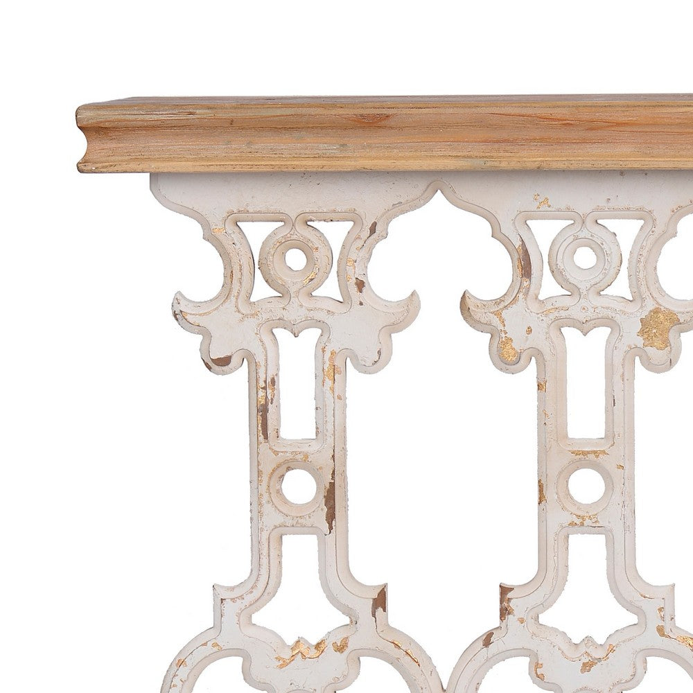 32 Inch Console Table, Fir Wood, Traditional, Scrollwork, Whitewash, Brown - BM285266