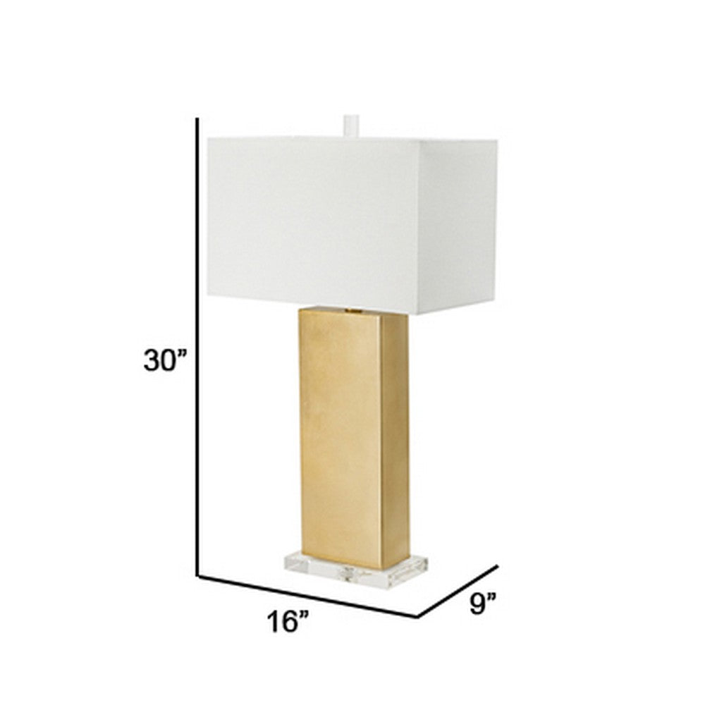 16 Inch Modern Table Lamp, White Rectangular Shade, Acrylic Base, Gold - BM285280