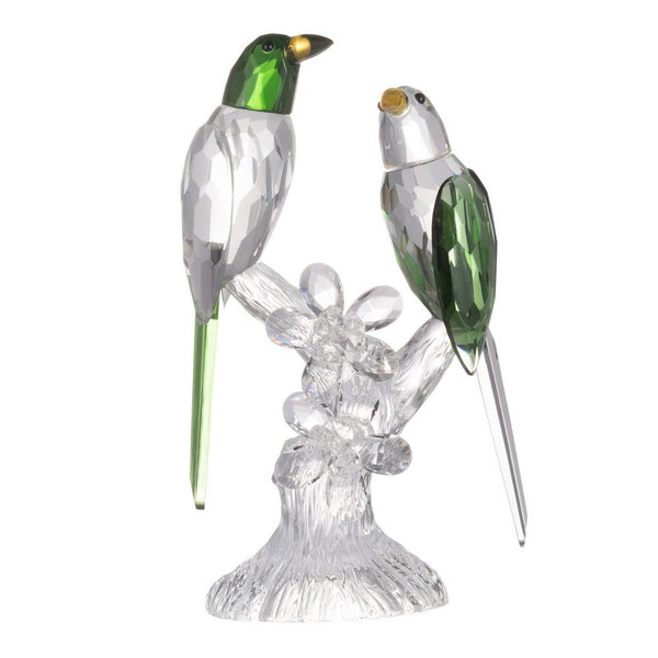 9 Inch 2 Parrots Sculpture Figurine Accent, Clear and Green Faceted Glass - BM285324